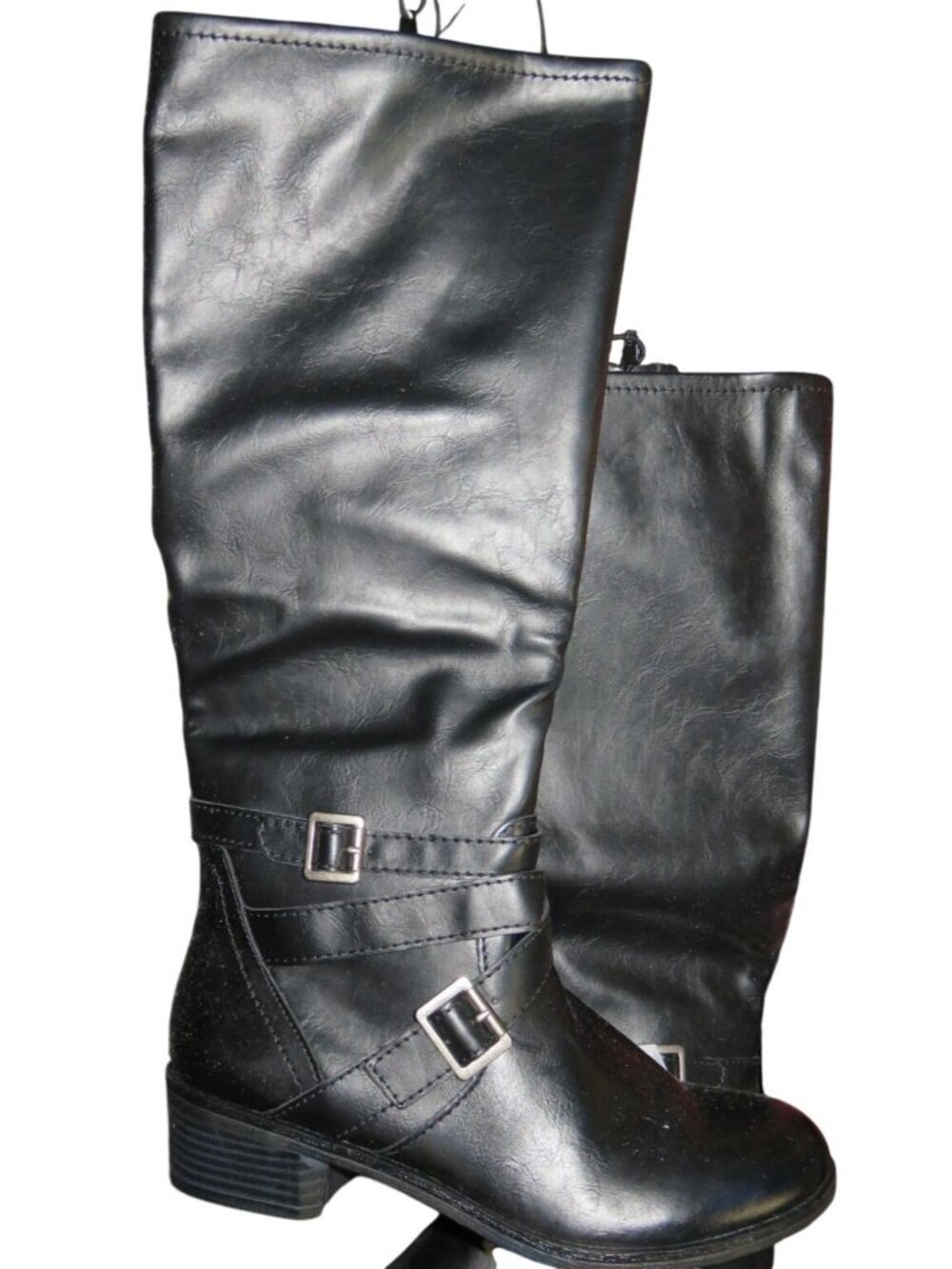 Arizona Jeans Dakota Black Leather Buckle Embellished Riding Boots Memory Foam